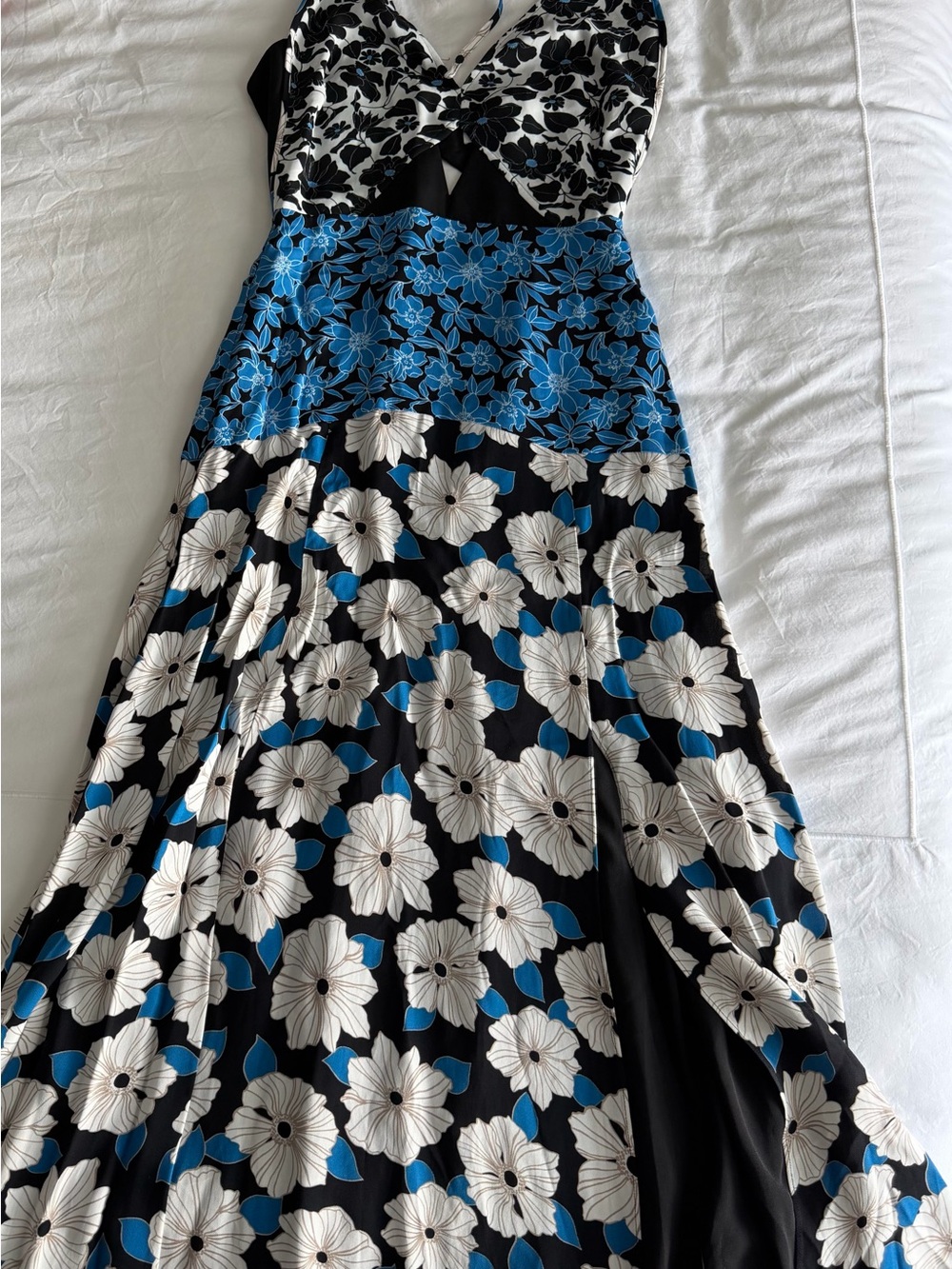 Reiss Floral V-Neck Maxi Dress in Black, White & Blue
